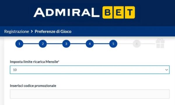 codice promozionale Admiralbet formulario